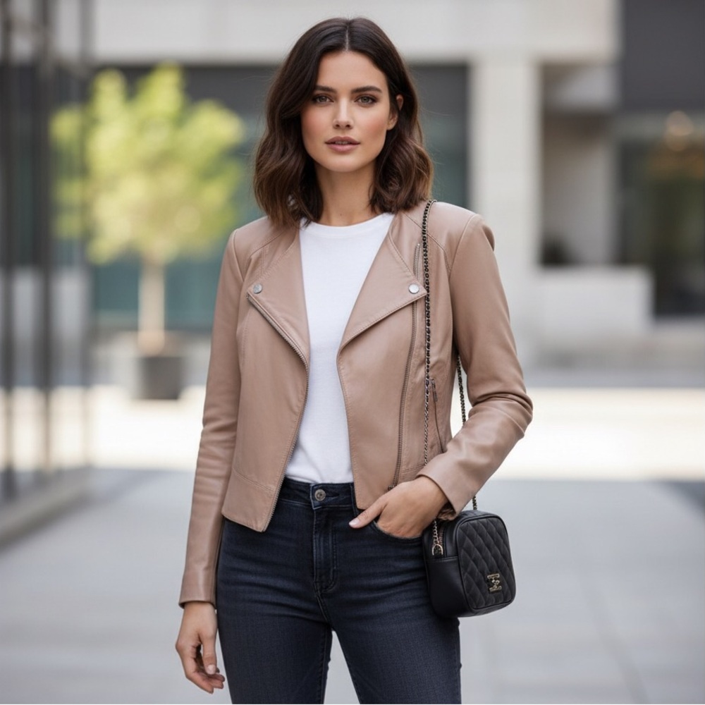 Veda Tan Taupe 100% Leather Asymmetrical Moto Jacket With High Cut Back Size L